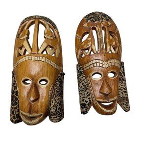 Handcrafted African Tribal Wall Masks Set Of 2 With Intricate Carvings & Leopard